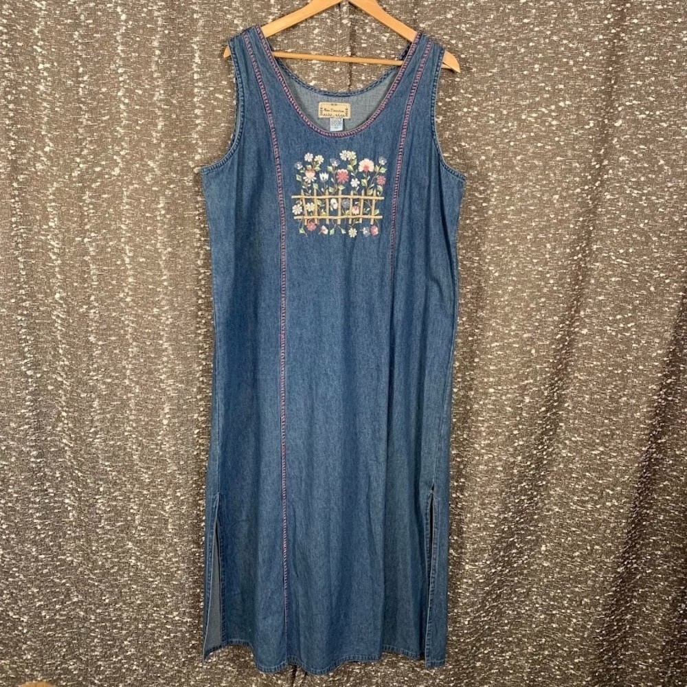 Vintage New Direction Floral Embroidered Denim Dress Cottagecore Women's XL‎